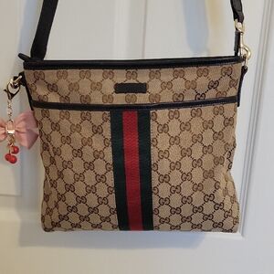 Gucci Beige GG Canvas Crossbody with Red and Green Web Stripe
